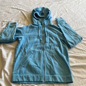 Lululemon Men’s Small Cotton Hoodie, Light Blue, With Zippered Chest Pocket.